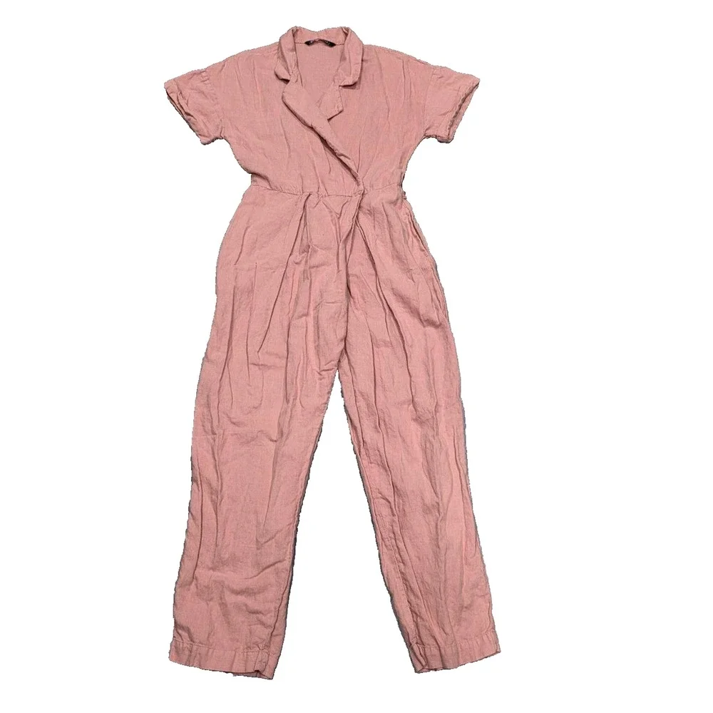 Zara Women Linen Jumpsuit Y2K Preppy V Neck Peach Short Sleeve Sz Small A004742